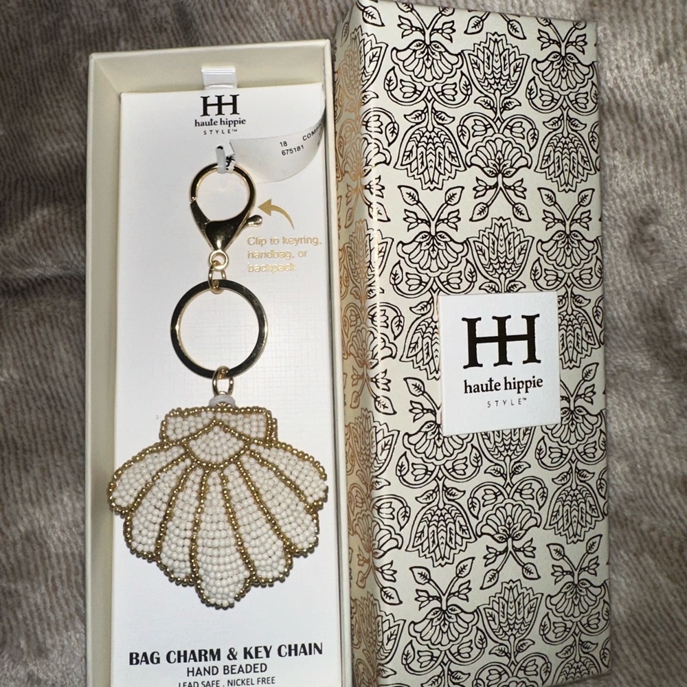 Haute Hippie Beaded White Gold Sea Shell Keychain Bag Charm